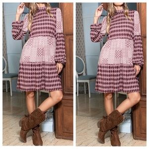 ShopEvelynne Geometric Long Sleeve Dress in Pink and Black